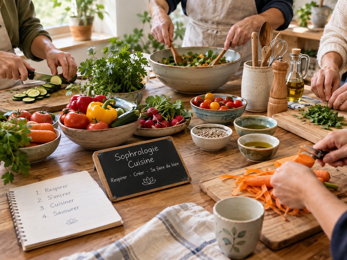 Préparation de légumes pendant un atelier Sophro-cuisine